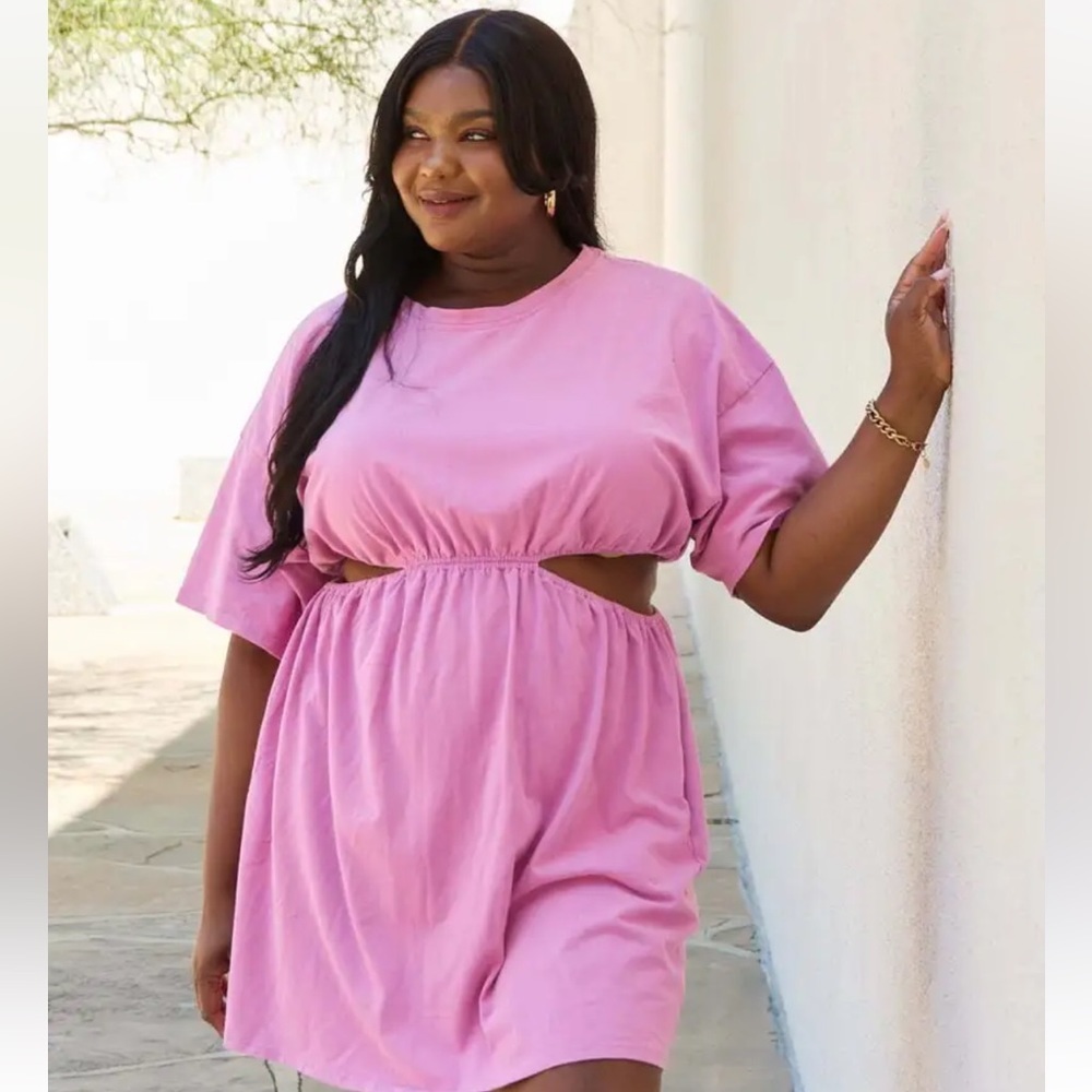HEYSON Summer Field Full Size Cutout T-Shirt Dress in Carnation Pink 2XL